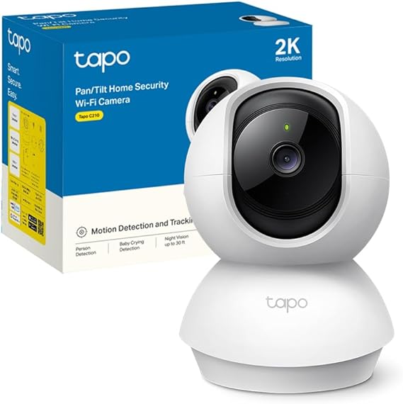 Tapo C210 - Cámara IP WiFi 360° Cámara de Vigilancia 2K (3MP),Visión nocturna Admite tarjeta SD hasta 512 GB, Detección y seguimiento de movimiento, Control Remoto, Compatible con Alexa