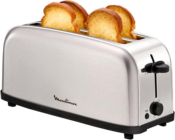 Tostador Acero Inoxidable, 2 Ranuras largas y anchas, 1400 W, 6 Posiciones Tostado, Función Stop y Bandeja Recogemigas, para Todo Tipo de Pan normal, molde, artesano