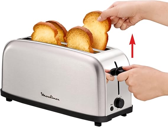Tostador Acero Inoxidable, 2 Ranuras largas y anchas, 1400 W, 6 Posiciones Tostado, Función Stop y Bandeja Recogemigas, para Todo Tipo de Pan normal, molde, artesano