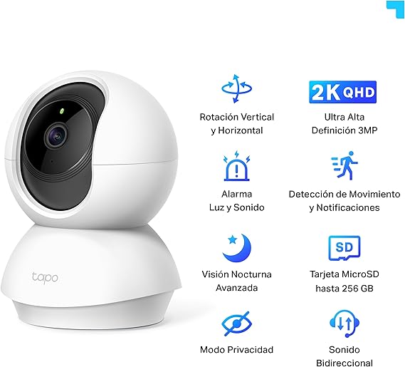 Tapo C210 - Cámara IP WiFi 360° Cámara de Vigilancia 2K (3MP),Visión nocturna Admite tarjeta SD hasta 512 GB, Detección y seguimiento de movimiento, Control Remoto, Compatible con Alexa