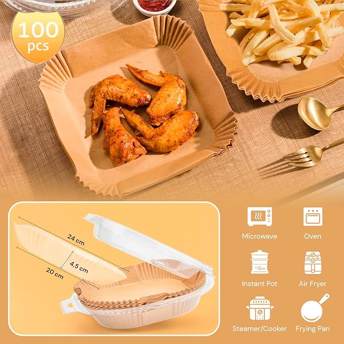 Papel Freidora Aire, Air Fryer, 100 Unidades, 20-24 cm, BPA Free, Desechable, para Horno, Accesorios para Freidora sin Aceite de 5 a 8 litros (20-24 cm, Cuadrado)